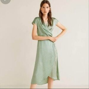 MANGO Green Satin Short Sleeve Printed Wrap Dress XS
